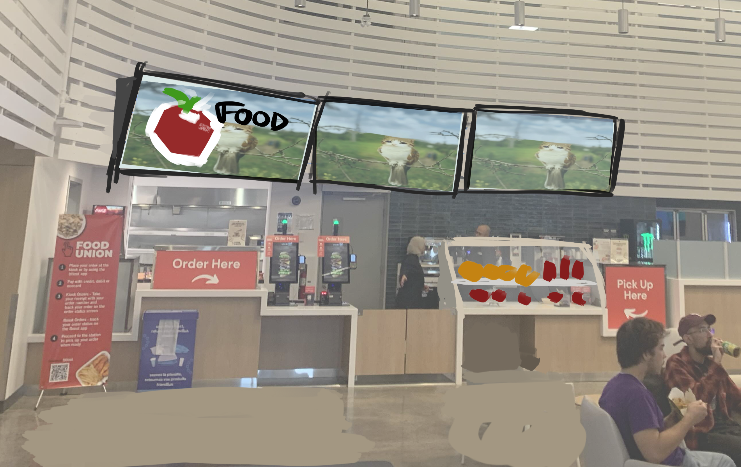 Modified version of the food area in the marquee, with larger screens and modified ordering area / table.